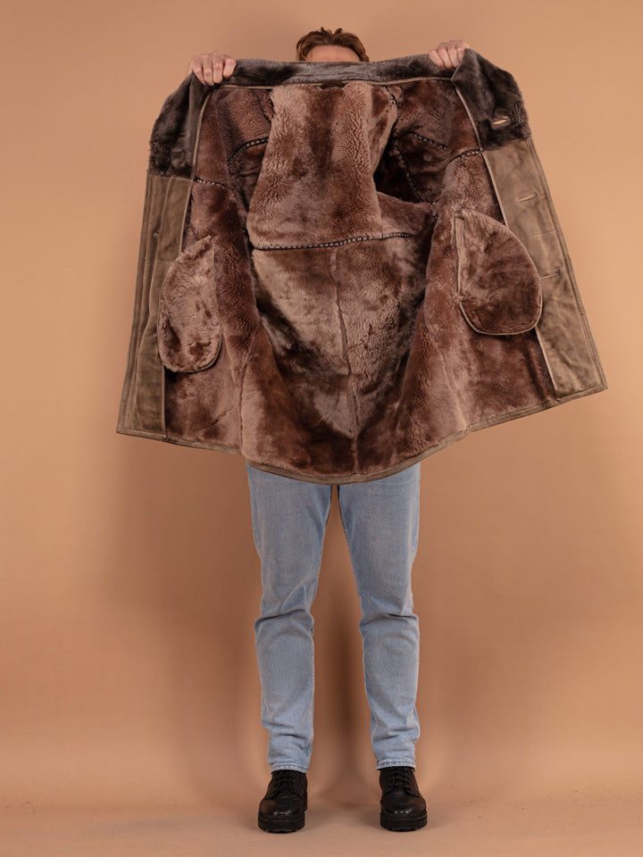 Sheepskin Men's Coat 70's, Size L Vintage Boho Shearling Coat, Retro Winter Coat, Western Men Outerwear, Beige Overcoat, 70s Men Outerwear