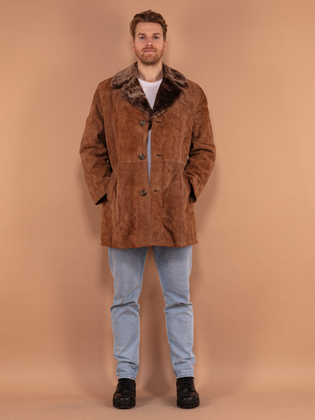 Men Suede Coat, Size Medium L, 70's Vintage Coat, Sherpa Western Coat, Sheepskin Style Coat, Retro Coat For Men, Suede Jacket, BetaMenswear