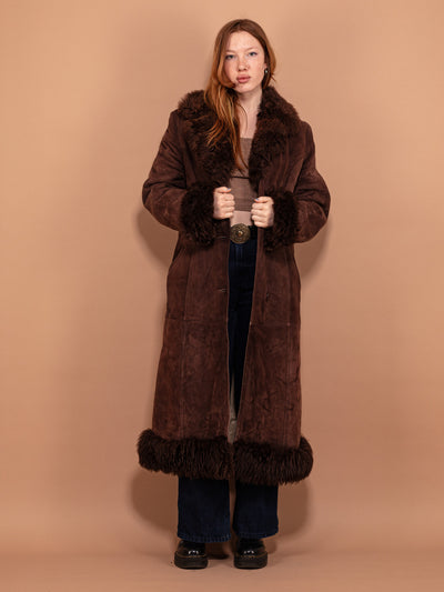 Penny Lane Sheepskin Coat 70s, Size Medium M Shearling Suede Coat, Boho Style Beige Overcoat, Vintage Women Outerwear, Brown Fur Coat