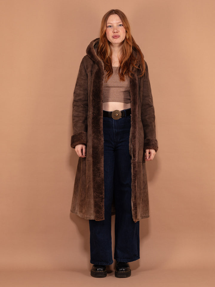 Vintage 70's Women Hooded Sheepskin Coat in Brown