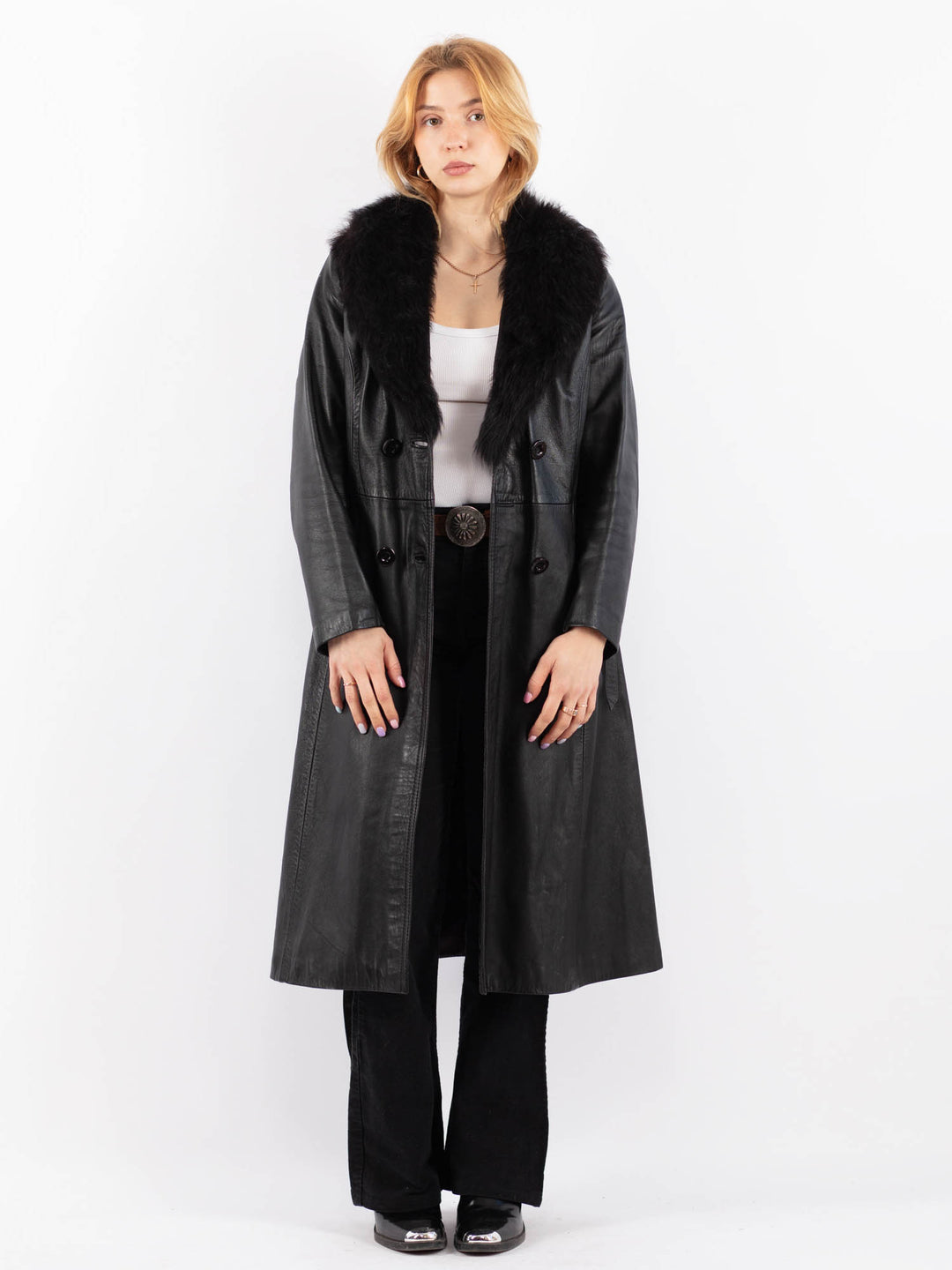 Vintage 90's Women Leather Coat in BlackV9726