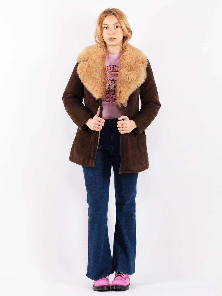 Vintage 70's Women Sheepskin Shearling Coat in BrownV9542