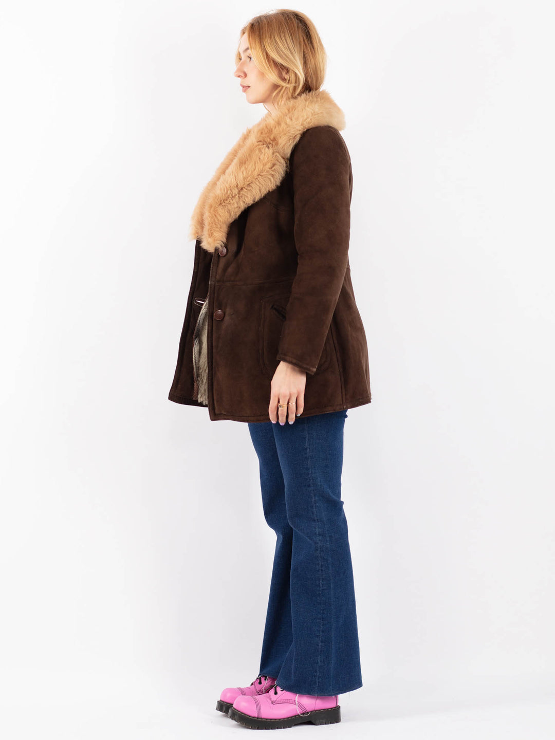 Vintage 70's Women Sheepskin Shearling Coat in BrownV9542