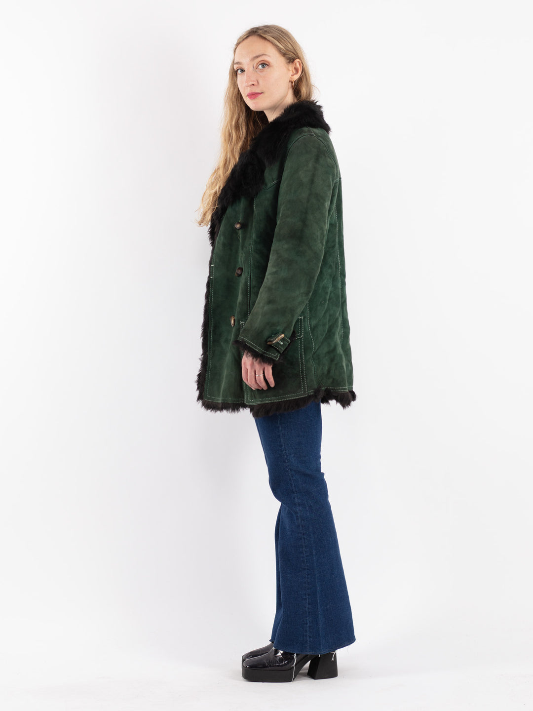 Vintage 70's Women Sheepskin Coat in GreenV8892