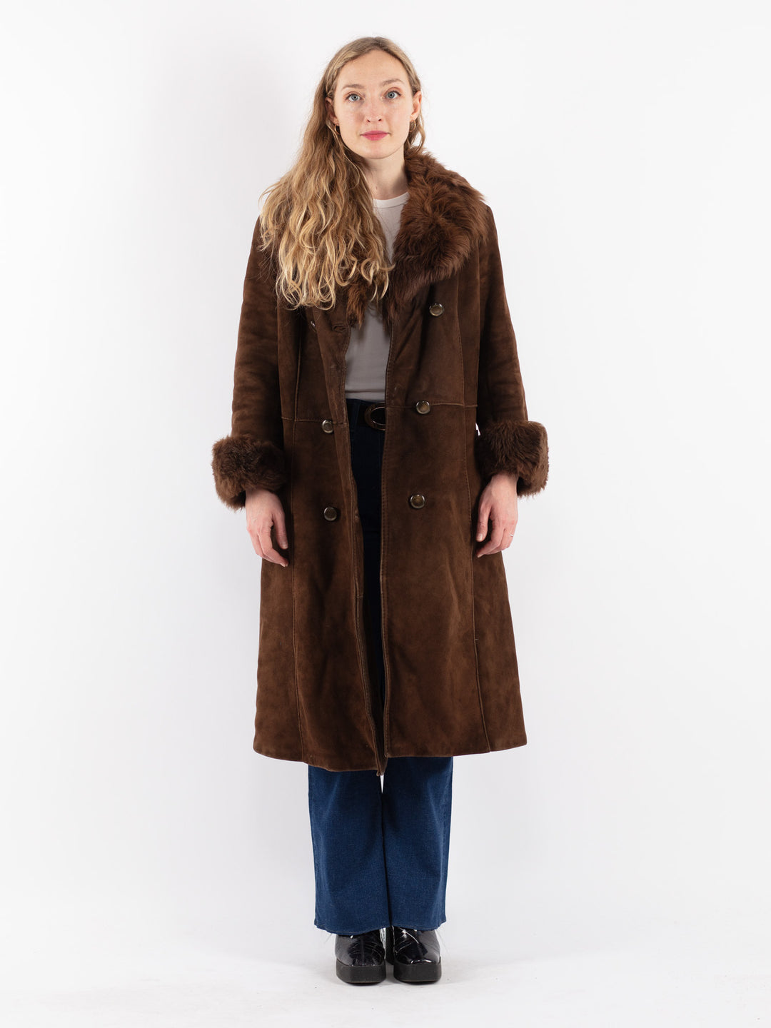 Vintage 70's Women Sheepskin Shearling Coat in Brown