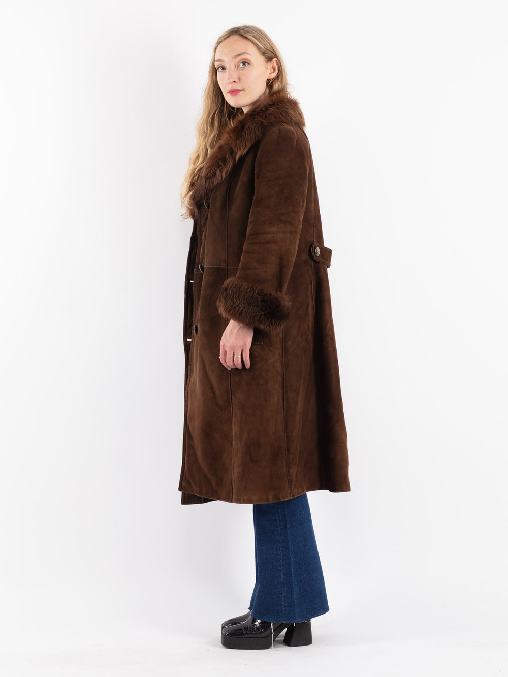 Vintage 70's Women Sheepskin Shearling Coat in Brown