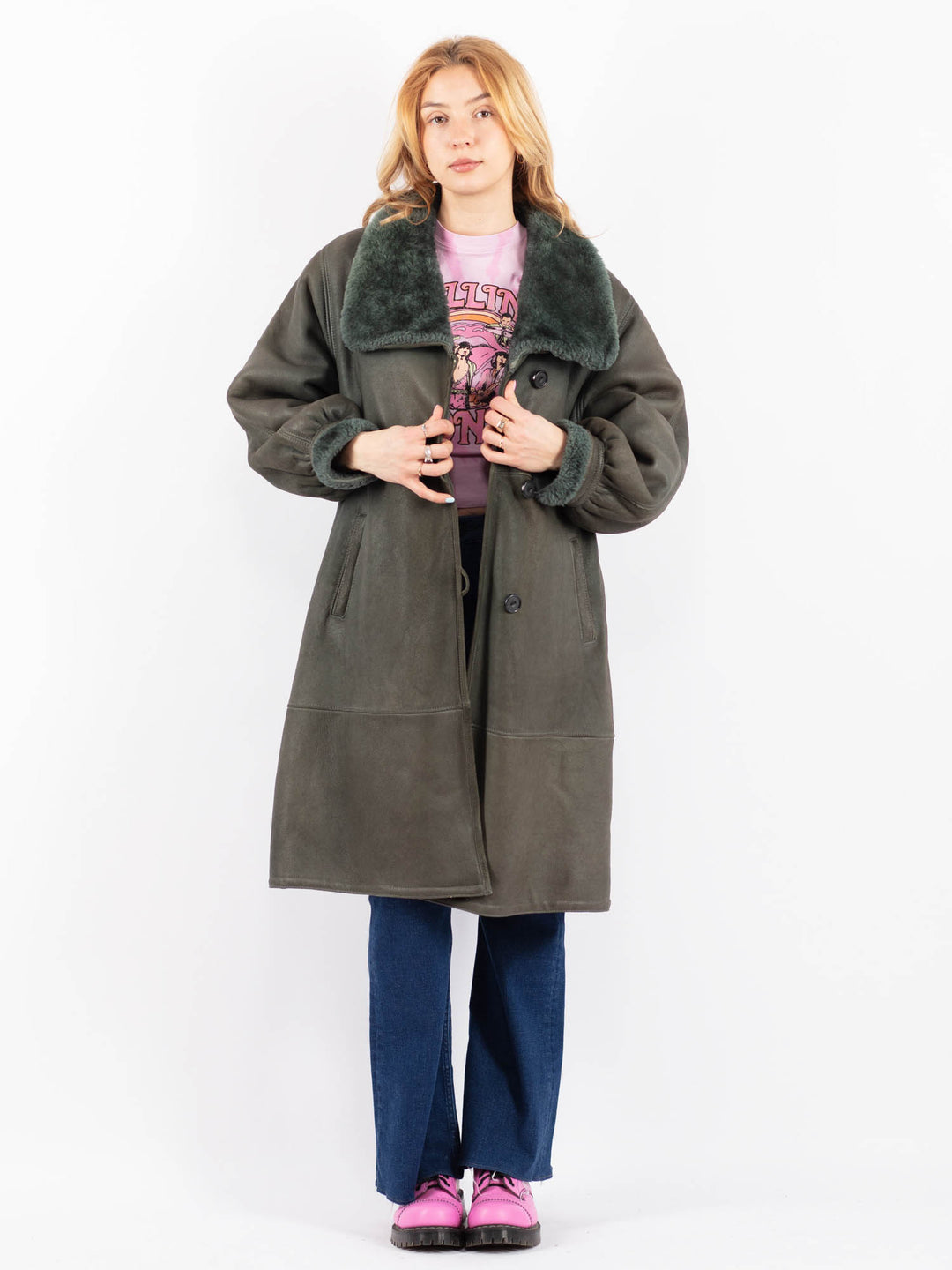 Vintage 70's Women Sheepskin Coat in GreenV9563