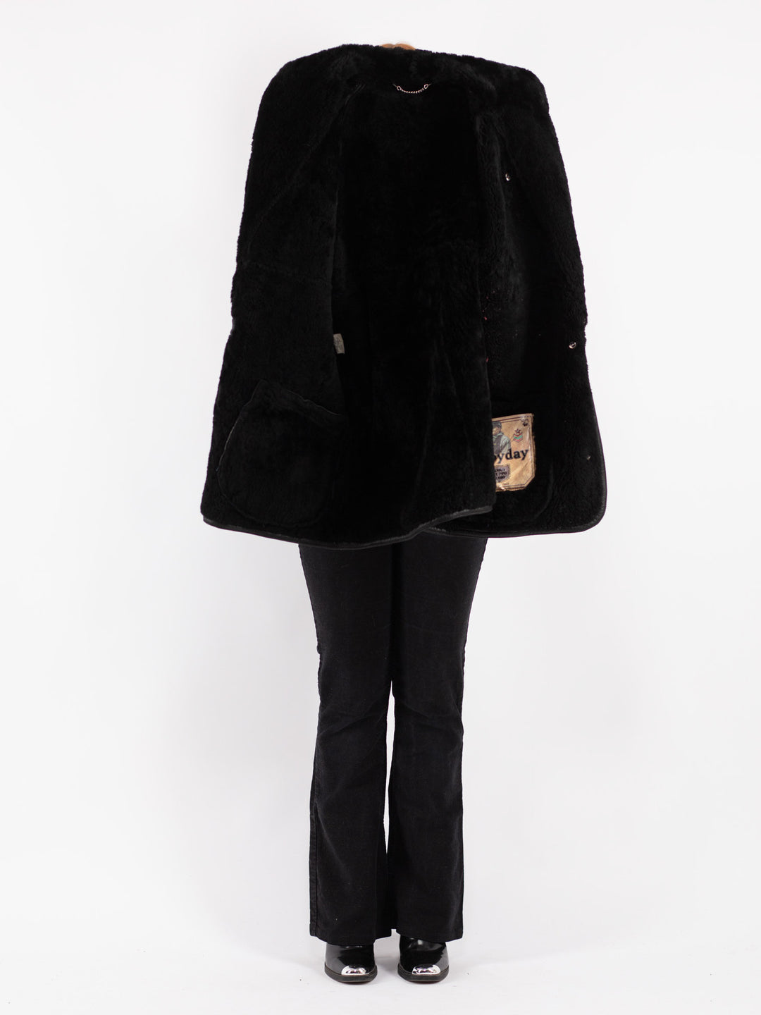 Vintage Women Sheepskin Shearling Coat in Black