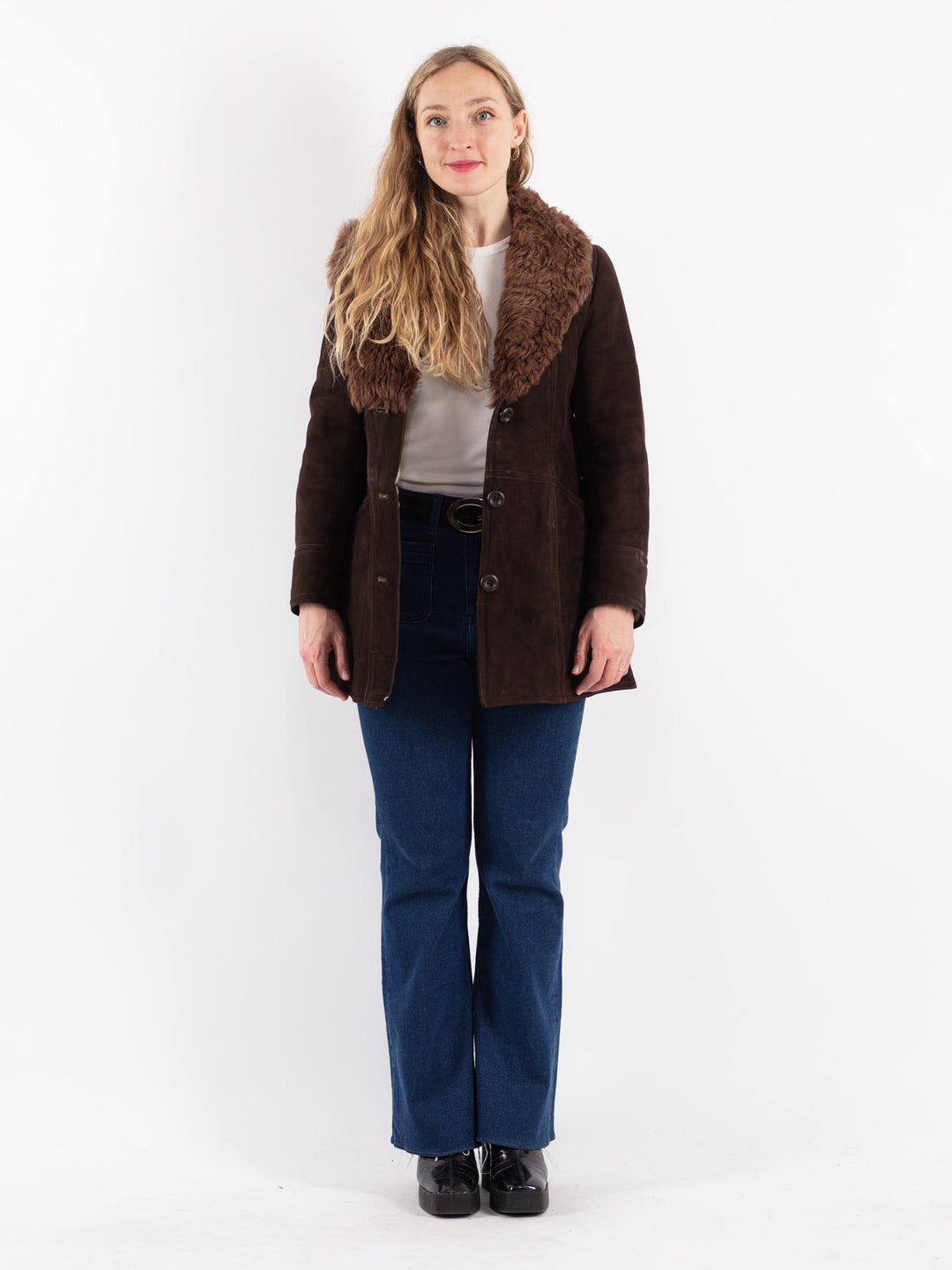 Vintage 70's Women Sheepskin Shearling Coat in Brown