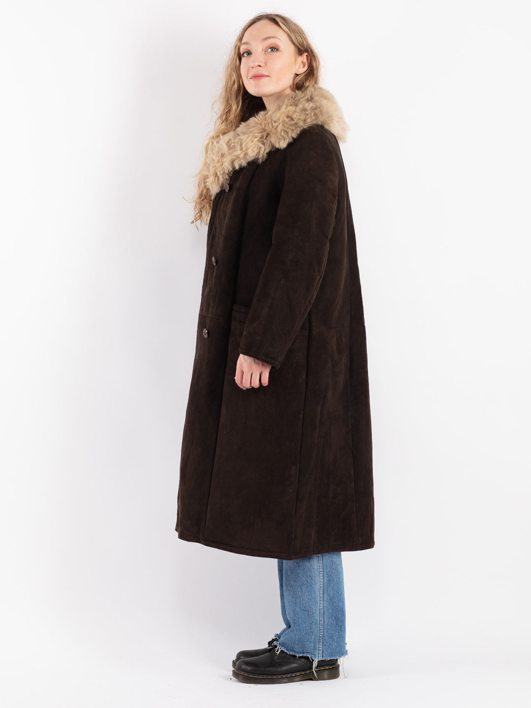 Vintage 70's Women Sheepskin Shearling Coat in Brown