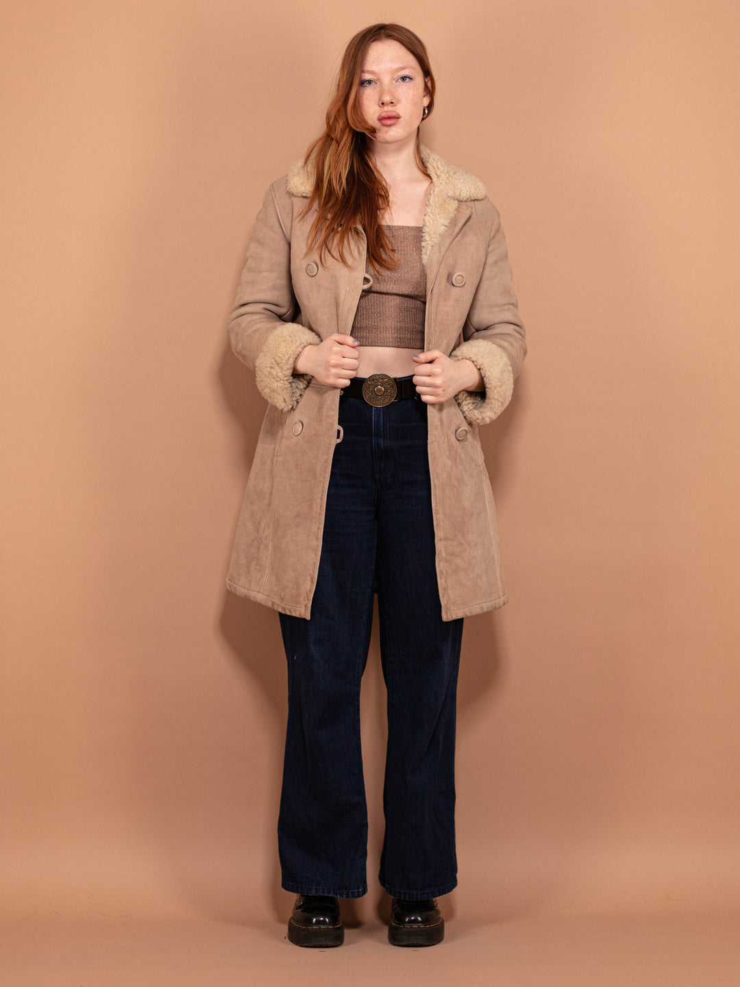 Vintage 70's Women Sheepskin Coat in Beige