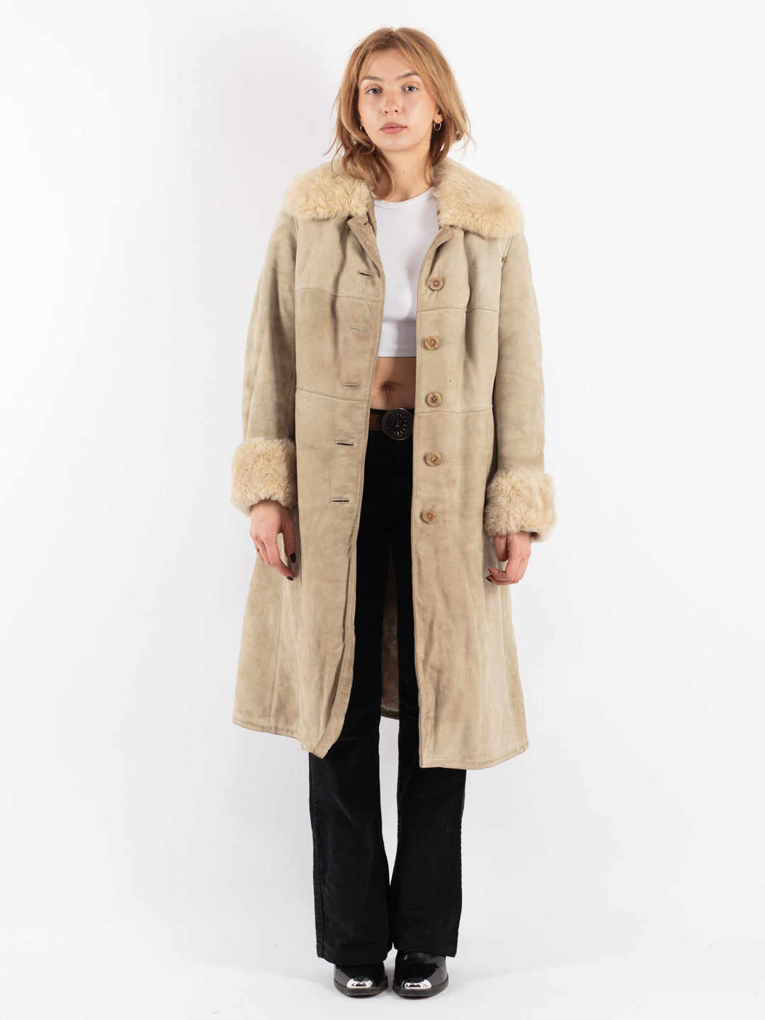 Vintage 70's Women Sheepskin Coat in Beige