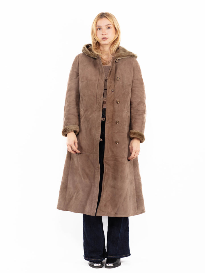 Vintage 70's Women Hooded Sheepskin Long Coat in Brown