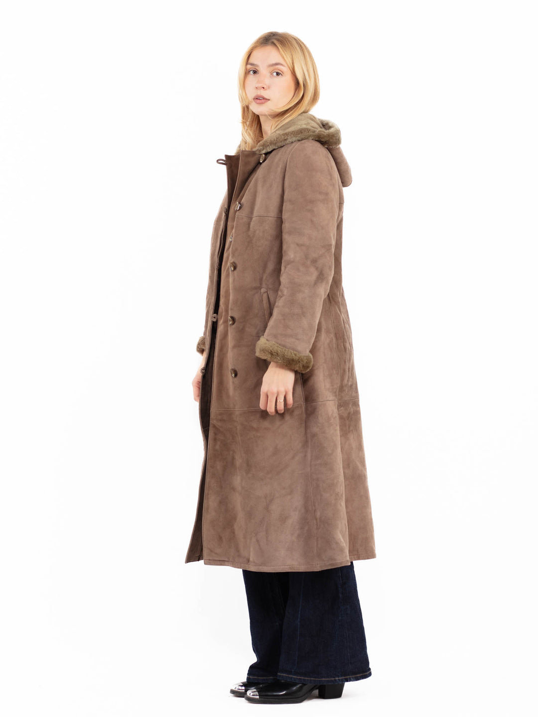 Vintage 70's Women Hooded Sheepskin Long Coat in Brown