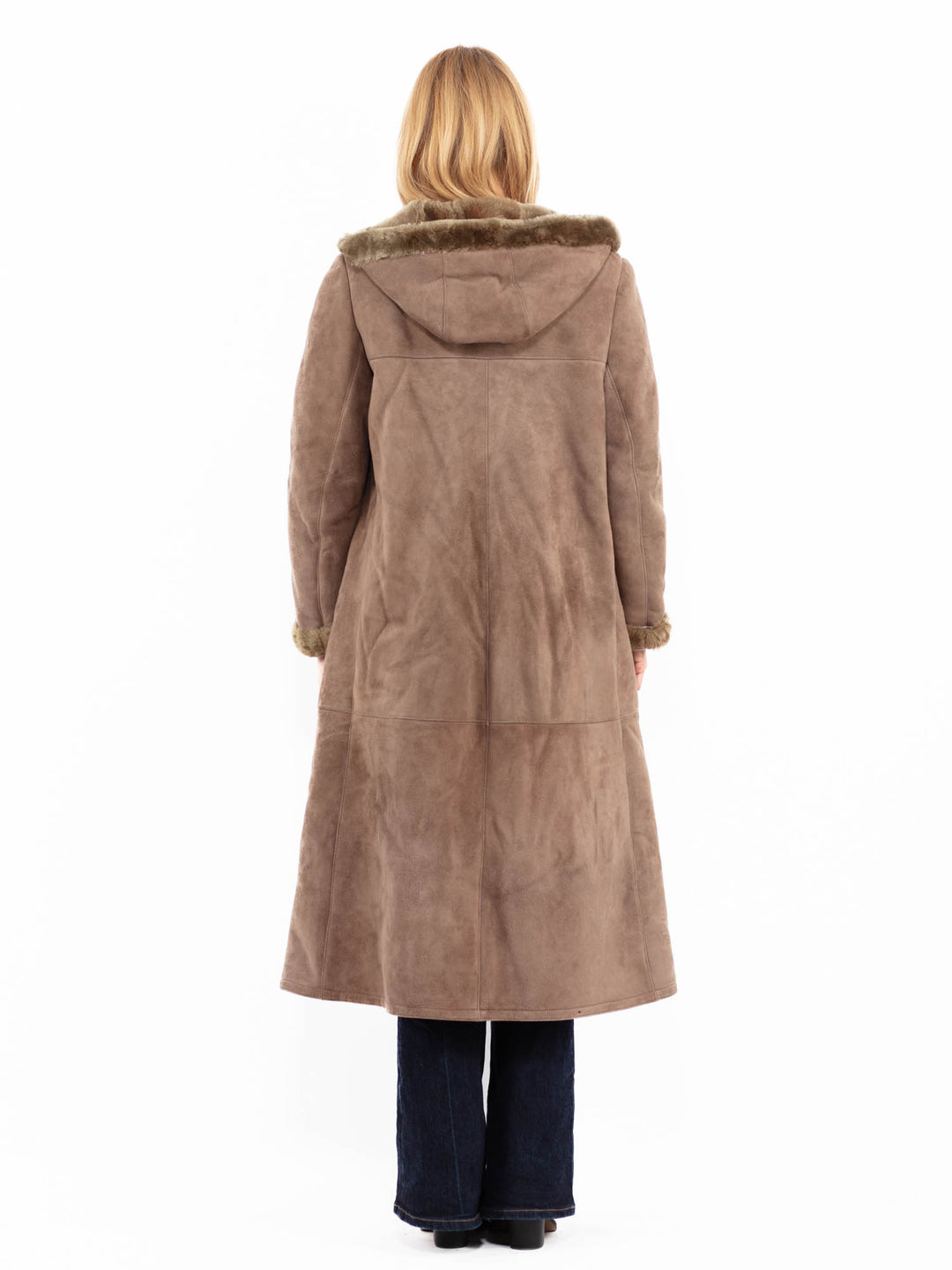Vintage 70's Women Hooded Sheepskin Long Coat in Brown