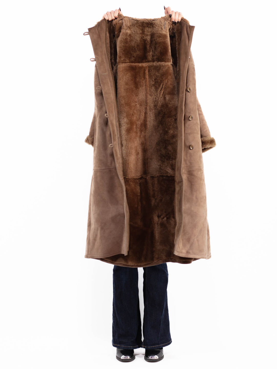 Vintage 70's Women Hooded Sheepskin Long Coat in Brown