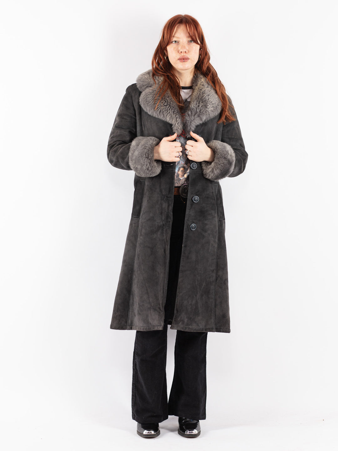 Vintage 70's Women Sheepskin Coat in Gray