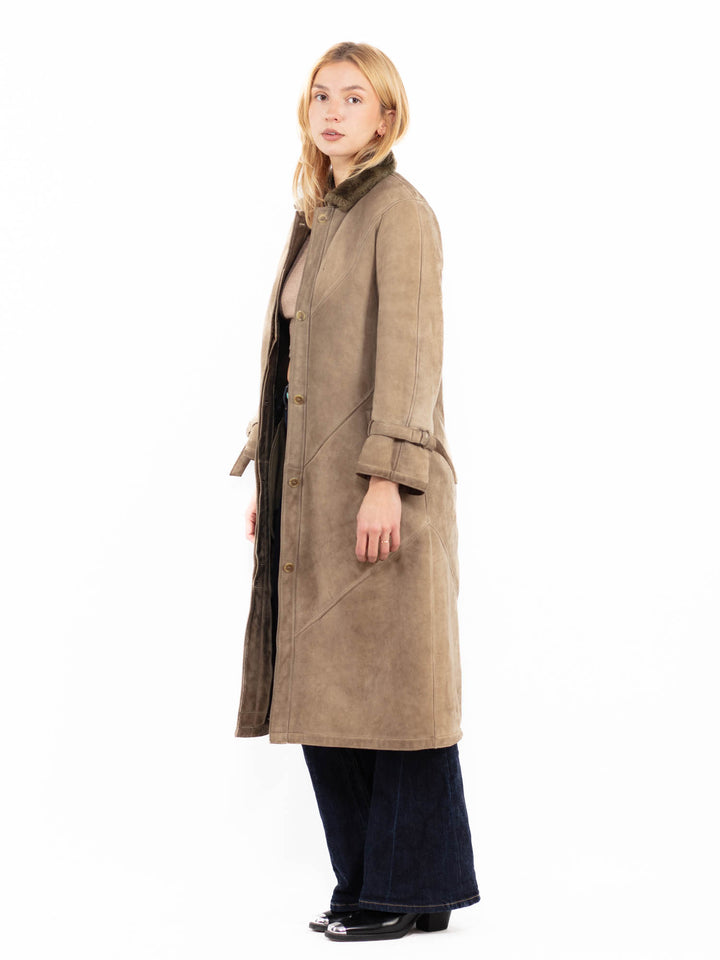 Vintage 70's Women Sheepskin Long Coat in Beige