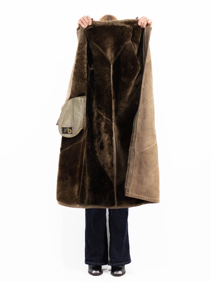 Vintage 70's Women Sheepskin Long Coat in Beige