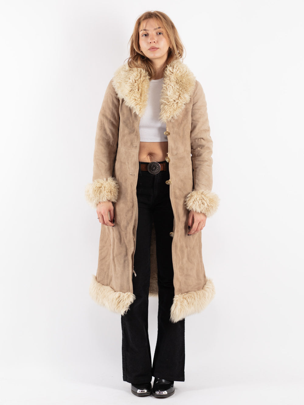 Vintage 70's Women Sheepskin Coat in Beige