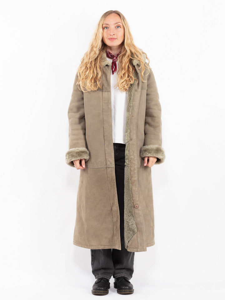 Vintage 70's Women Hooded Sheepskin Coat in Sage Green