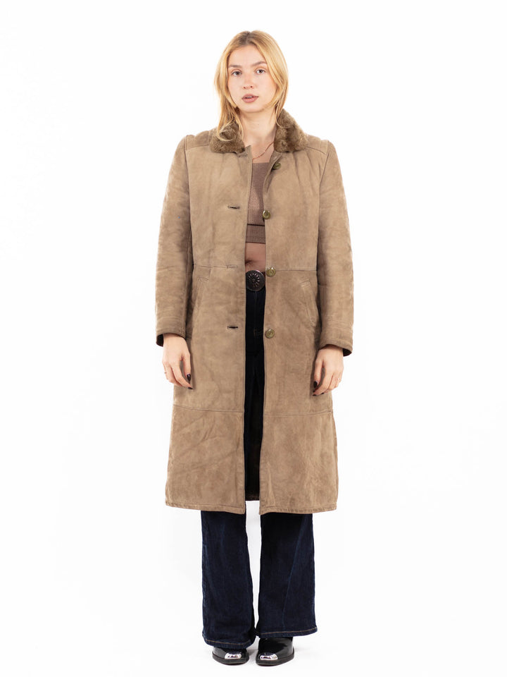 Vintage 70's Women Sheepskin Long Coat in Beige
