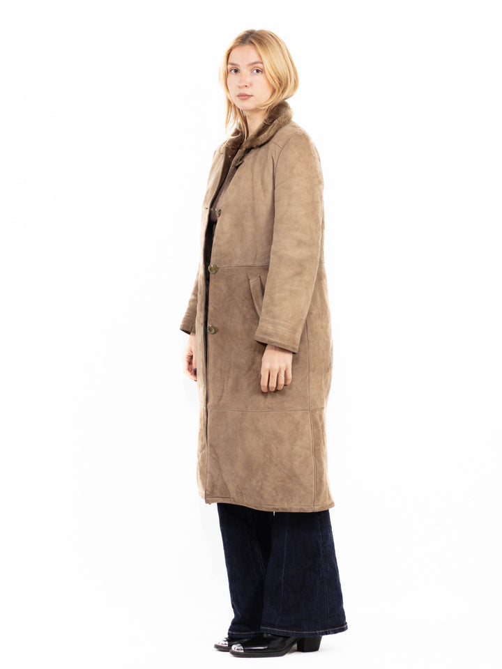 Vintage 70's Women Sheepskin Long Coat in Beige