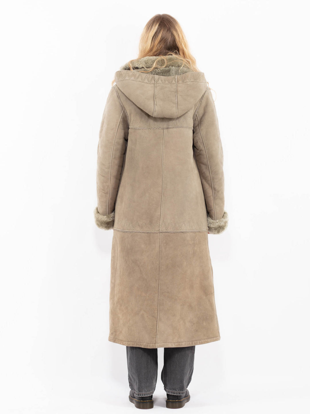 Vintage 70's Women Hooded Sheepskin Coat in Sage Green
