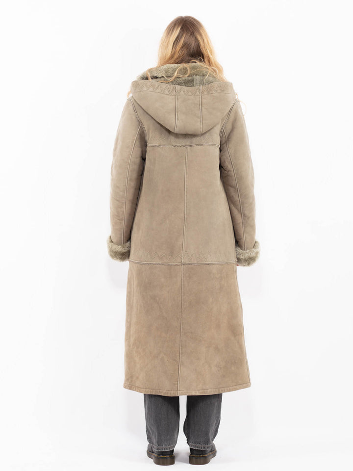 Vintage 70's Women Hooded Sheepskin Coat in Sage Green