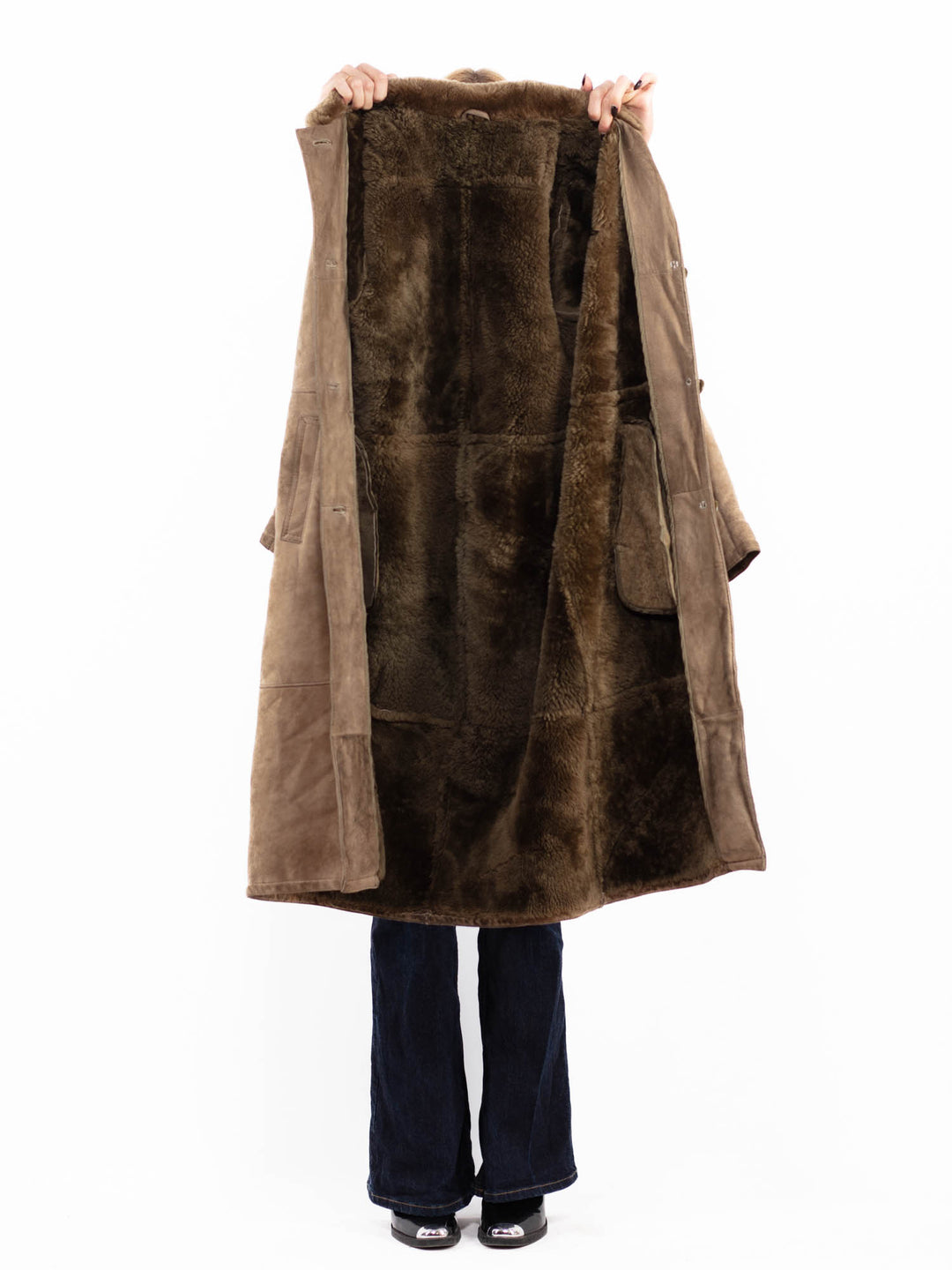 Vintage 70's Women Sheepskin Long Coat in Beige
