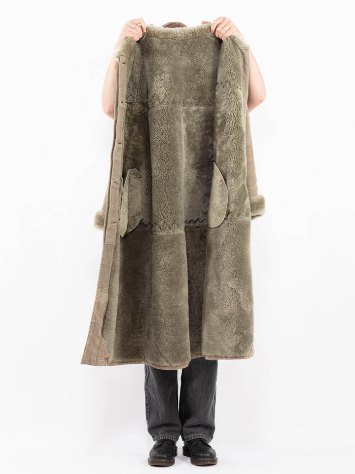 Vintage 70's Women Hooded Sheepskin Coat in Sage Green