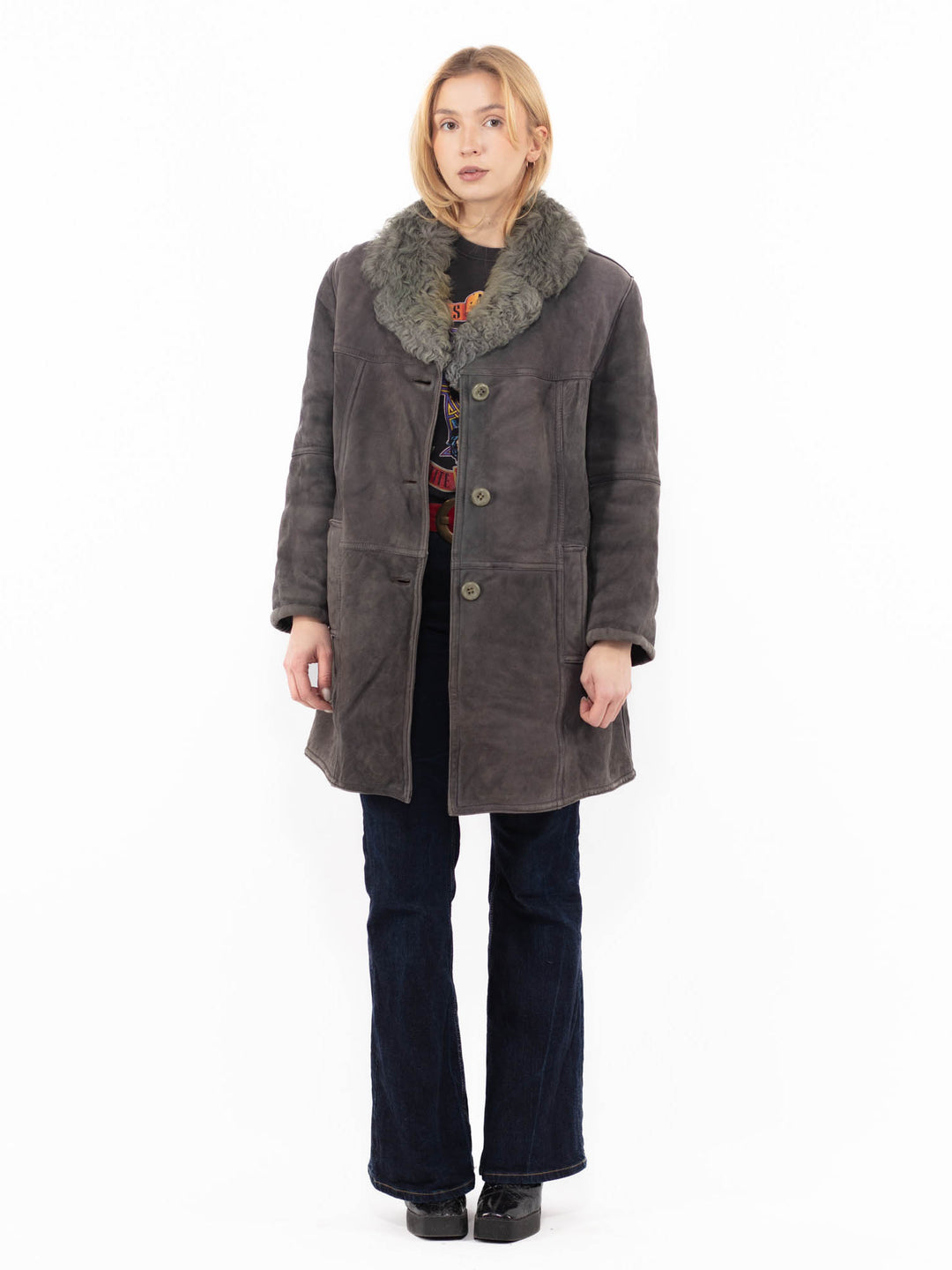 Vintage 70's Women Sheepskin Coat in GrayA1158