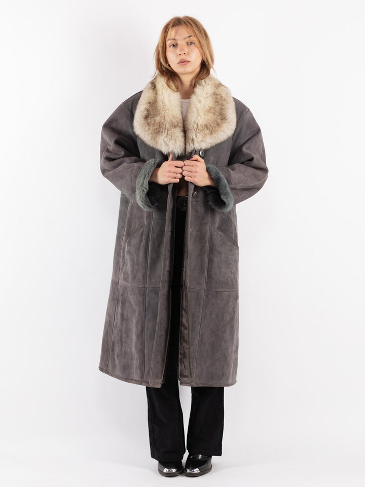 Vintage 70's Women Sheepskin Shearling Coat in Gray