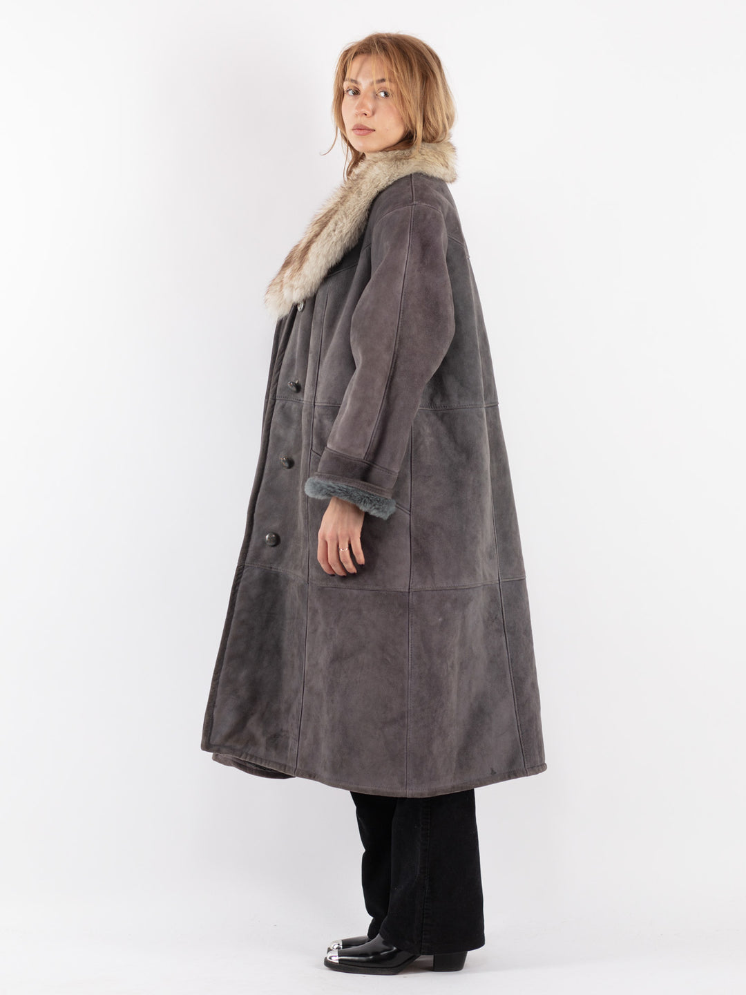 Vintage 70's Women Sheepskin Shearling Coat in Gray