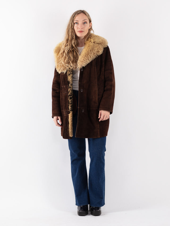 Vintage 70's Women Sheepskin Shearling Coat in Brown