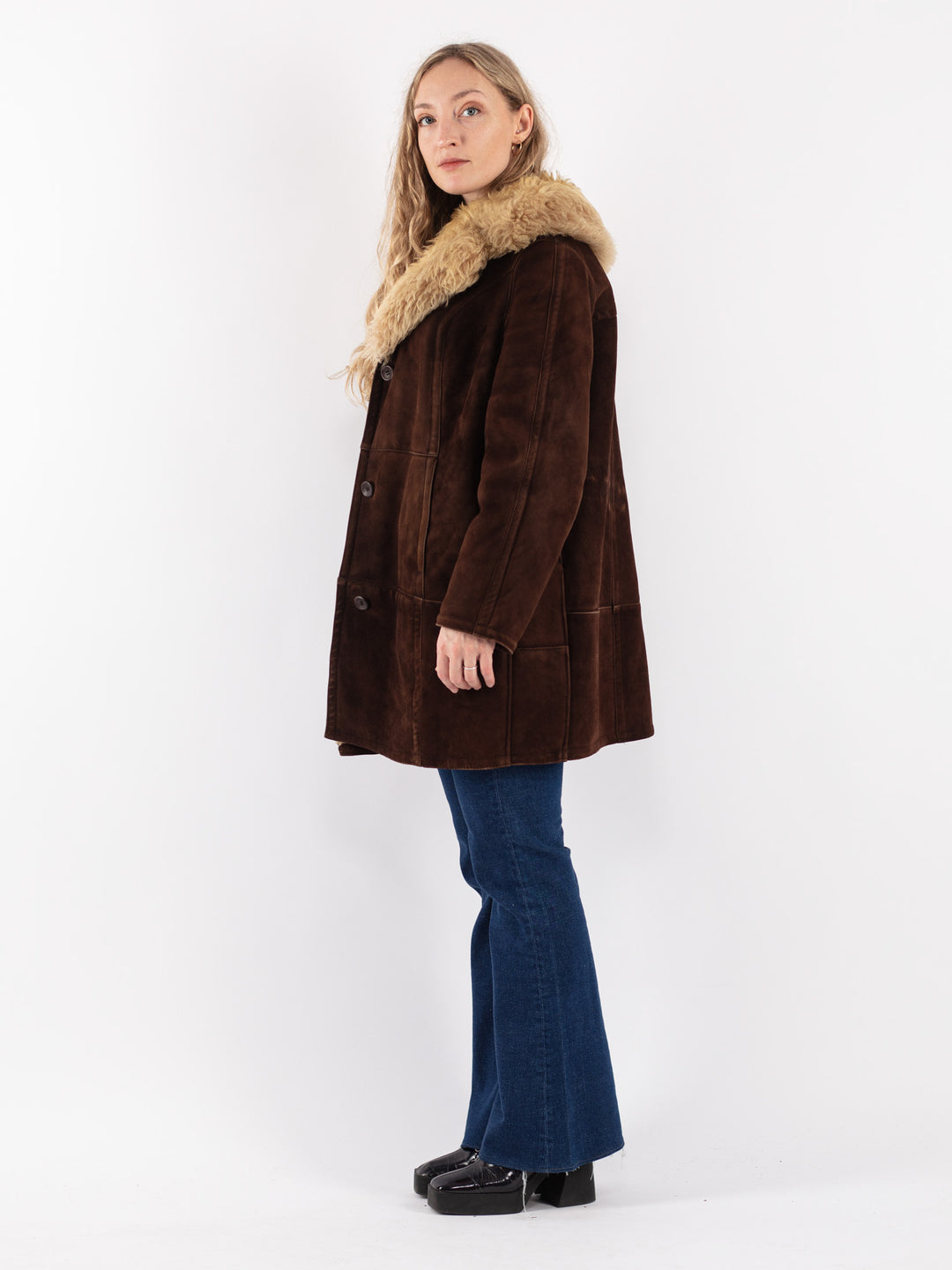 Vintage 70's Women Sheepskin Shearling Coat in Brown