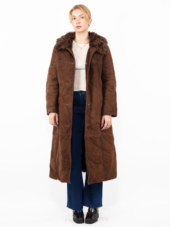 Vintage 70's Women Sheepskin Long Coat in Brown