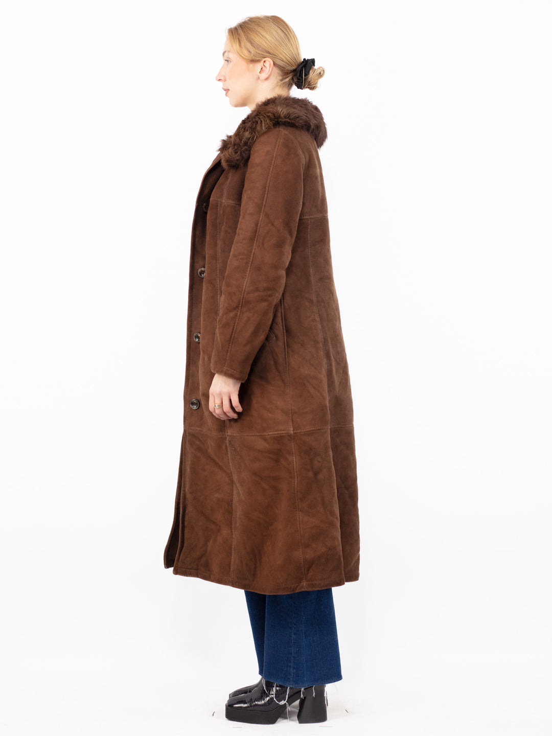 Vintage 70's Women Sheepskin Long Coat in Brown