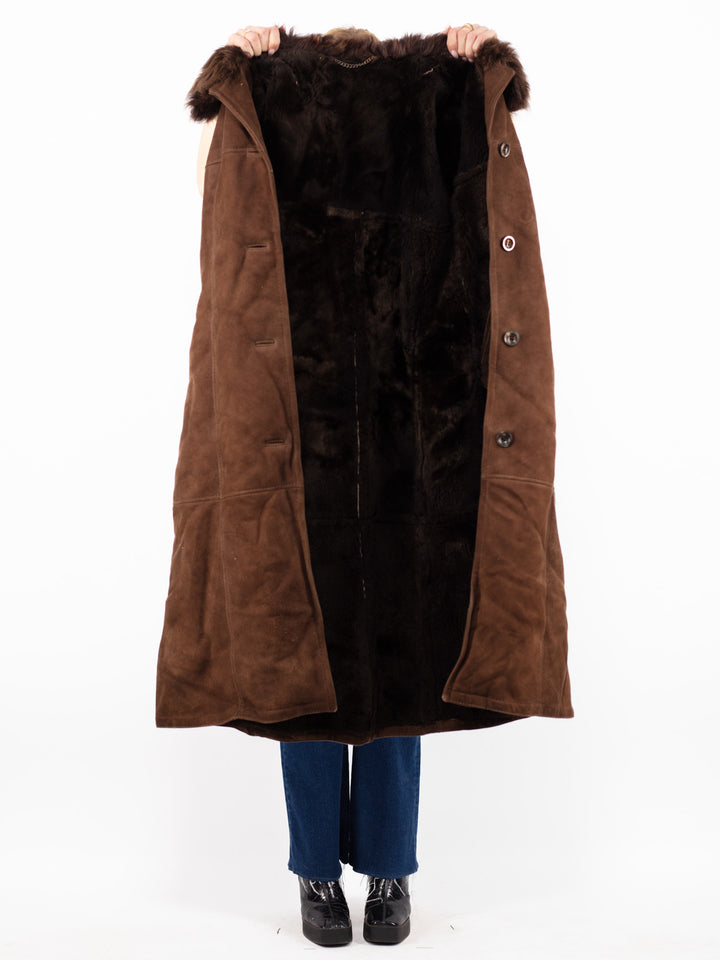 Vintage 70's Women Sheepskin Long Coat in Brown