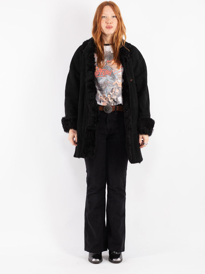 Vintage 70's Women Sheepskin Shearling Coat in Black