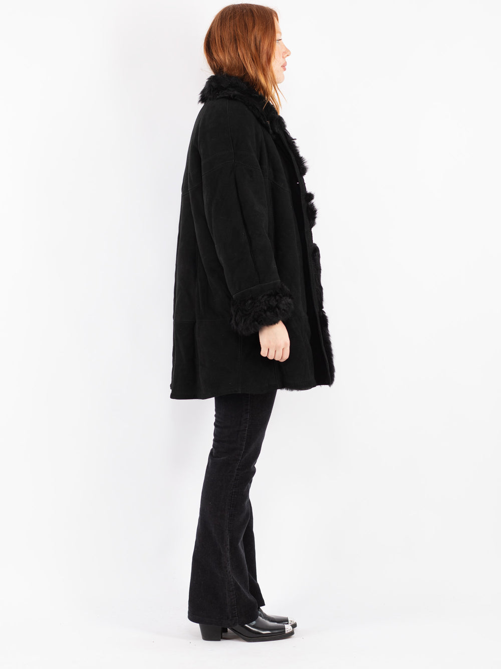 Vintage 70's Women Sheepskin Shearling Coat in Black