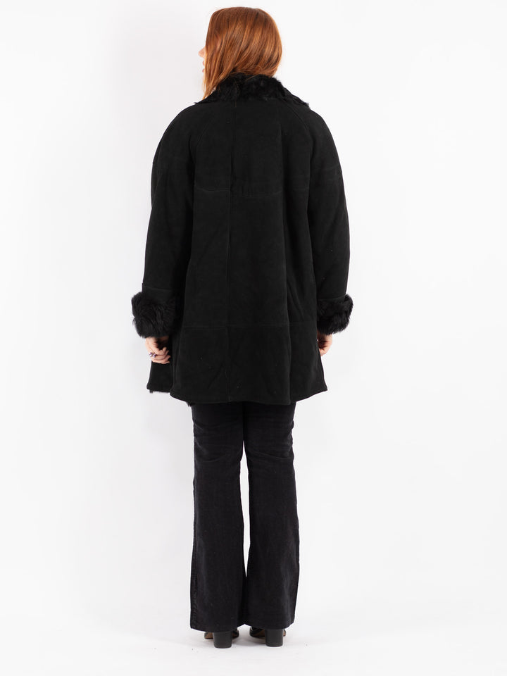 Vintage 70's Women Sheepskin Shearling Coat in Black