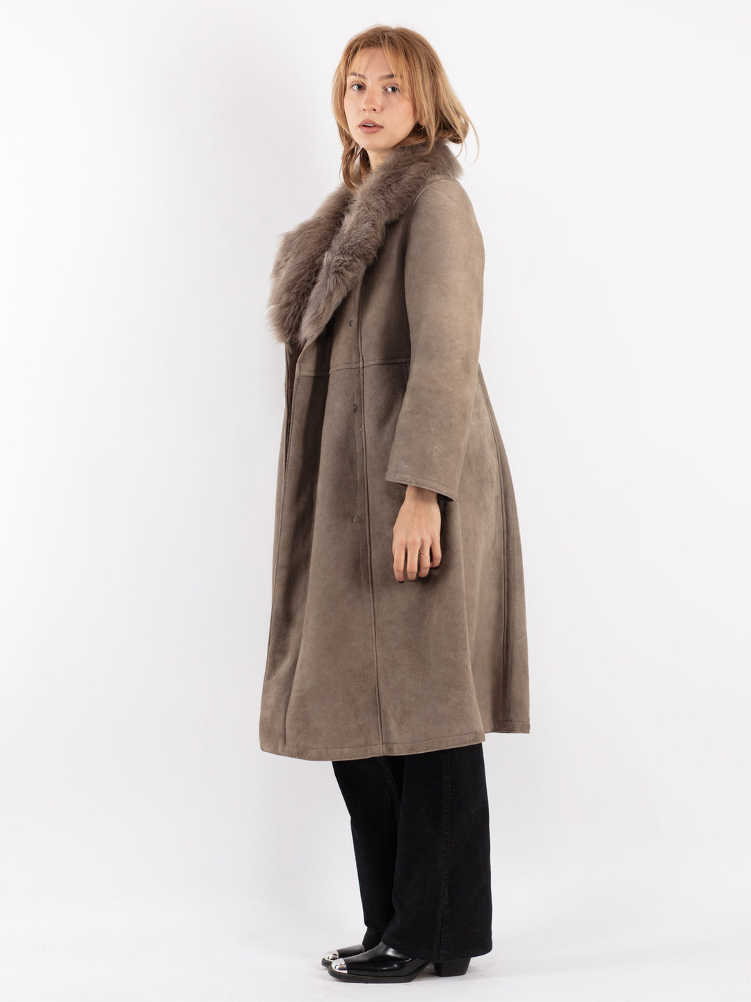 Vintage Women Sheepskin Coat in Gray