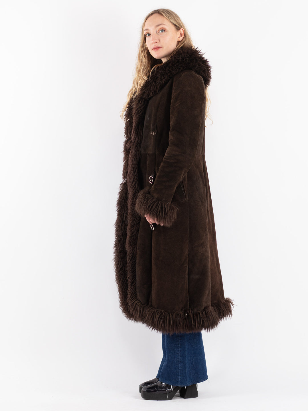 Vintage 70's Women Suede Sherpa Coat in Brown
