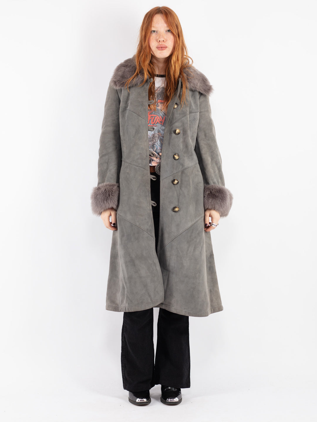 Vintage 70's Women Sheepskin Shearling Coat in Gray