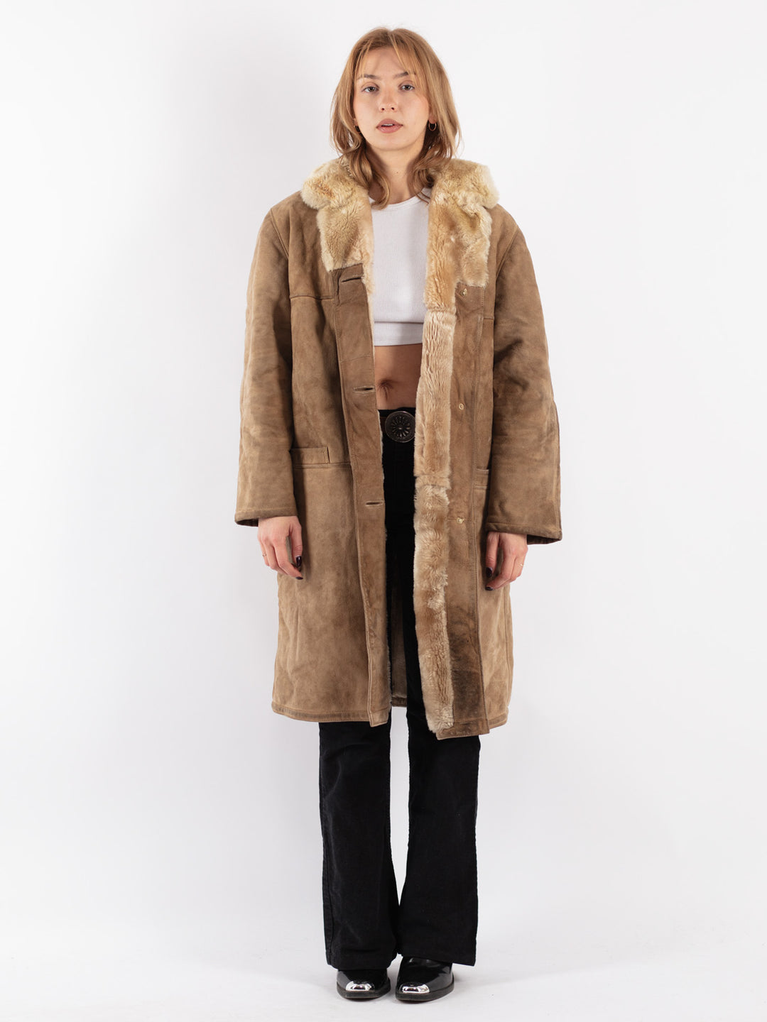 Vintage 70's Women Sheepskin Coat in Beige