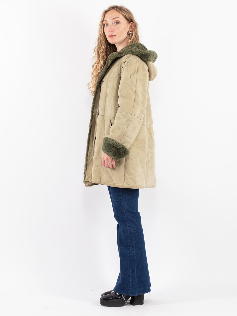 Vintage 70's Women Sheepskin Coat in Green