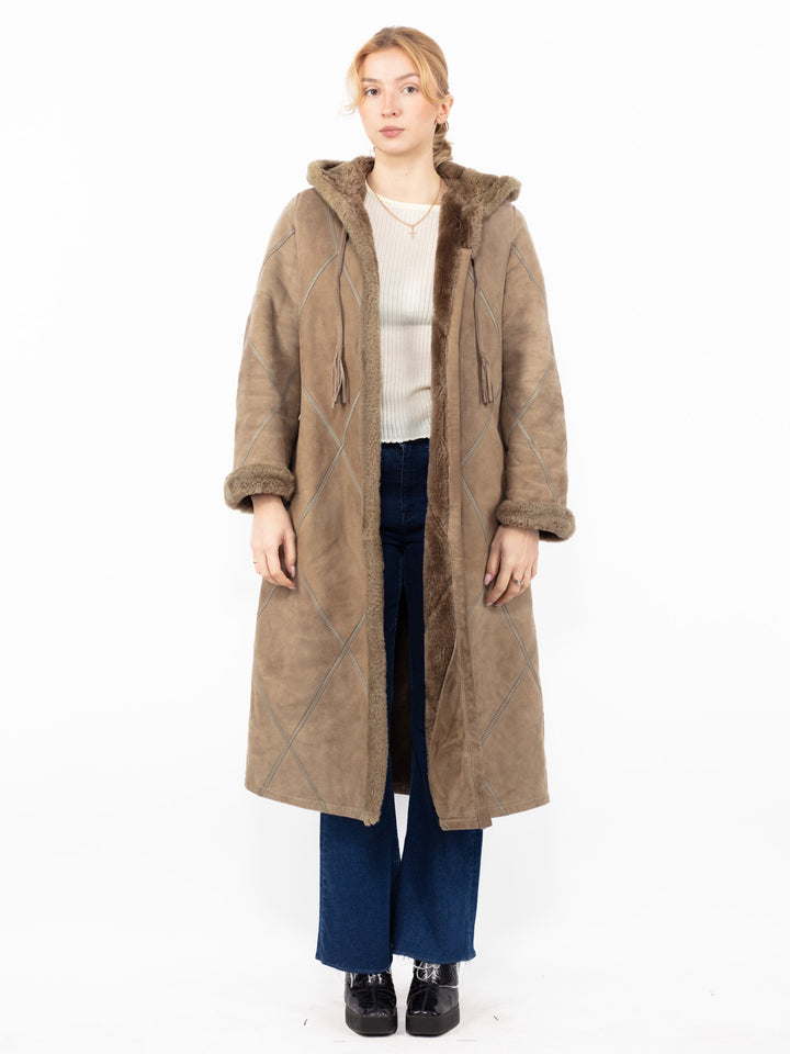 Vintage 70's Women Hooded Sheepskin Long Coat in Beige