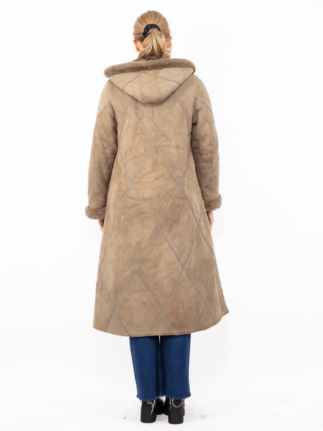 Vintage 70's Women Hooded Sheepskin Long Coat in Beige