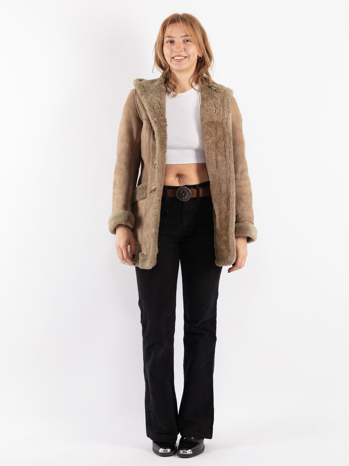 Vintage 70's Women Hooded Sheepskin Coat in Beige